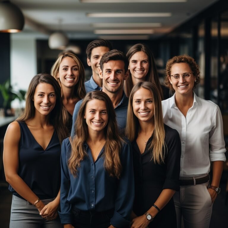 happy team standing together in modern office
